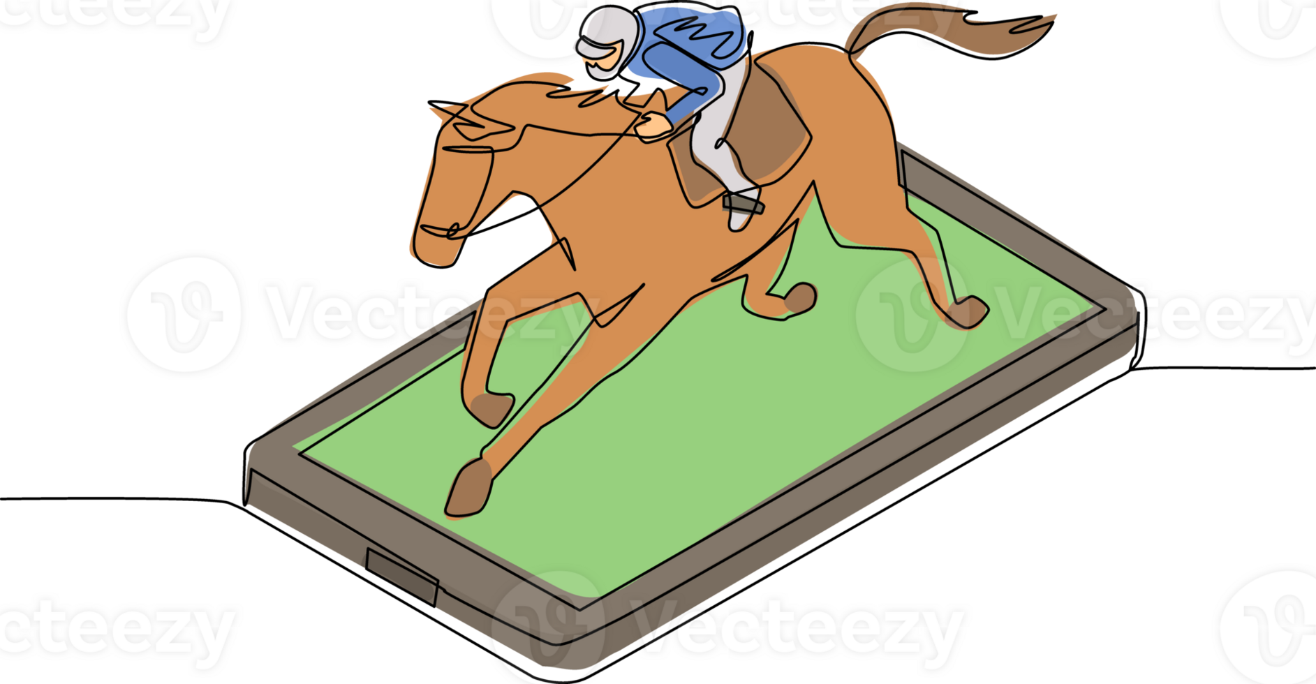 kontinuerlig ett linje teckning ung man ridning häst på smartphone skärm. tävlings häst med jockey. ryttare sport. jockey ridning Hoppar häst. enda linje dra design grafisk illustration png