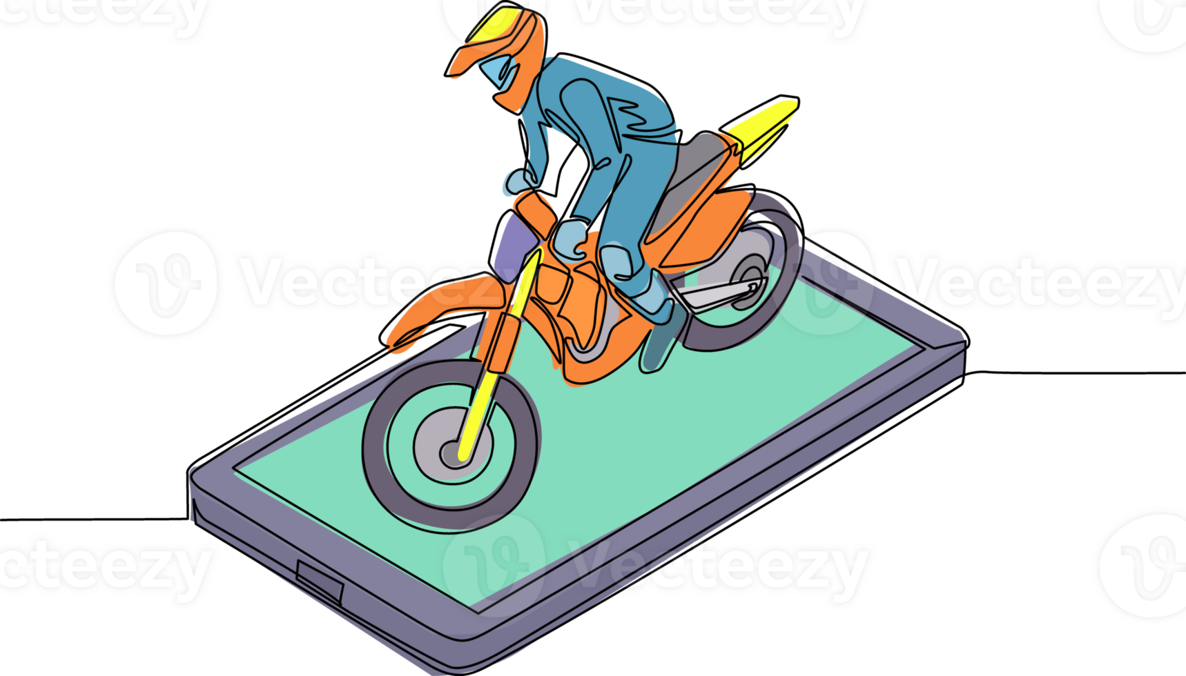 Single continuous line drawing motocross rider ride motocross bike on smartphone screen. Motocross motorcycle. Enduro, freestyle motocross extreme sport. Dynamic one line draw graphic design png