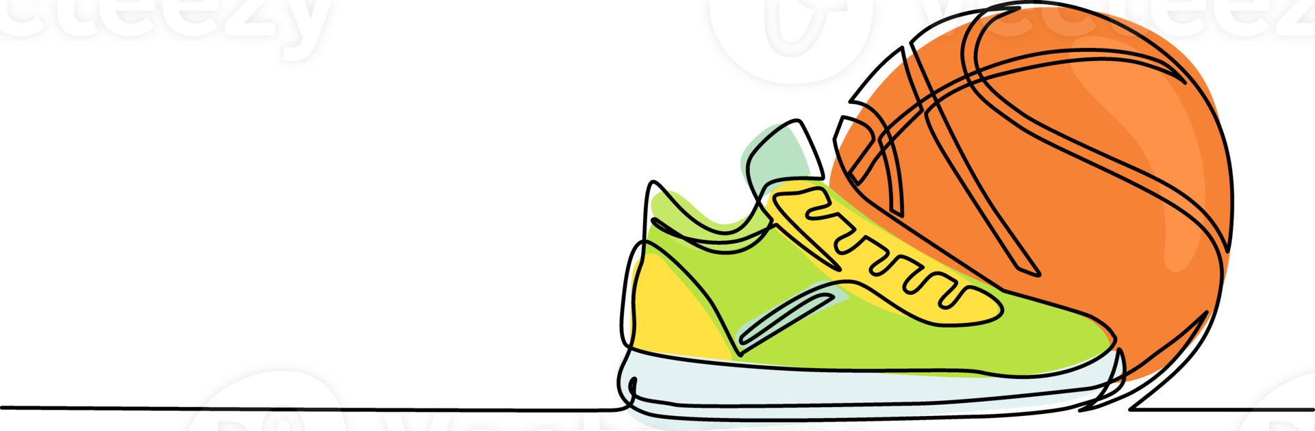 Continuous one line drawing basketball ball and shoes. Sport equipment. Basketball stuff. Competitive and competition game. Active and healthy lifestyle. Single line draw design illustration png