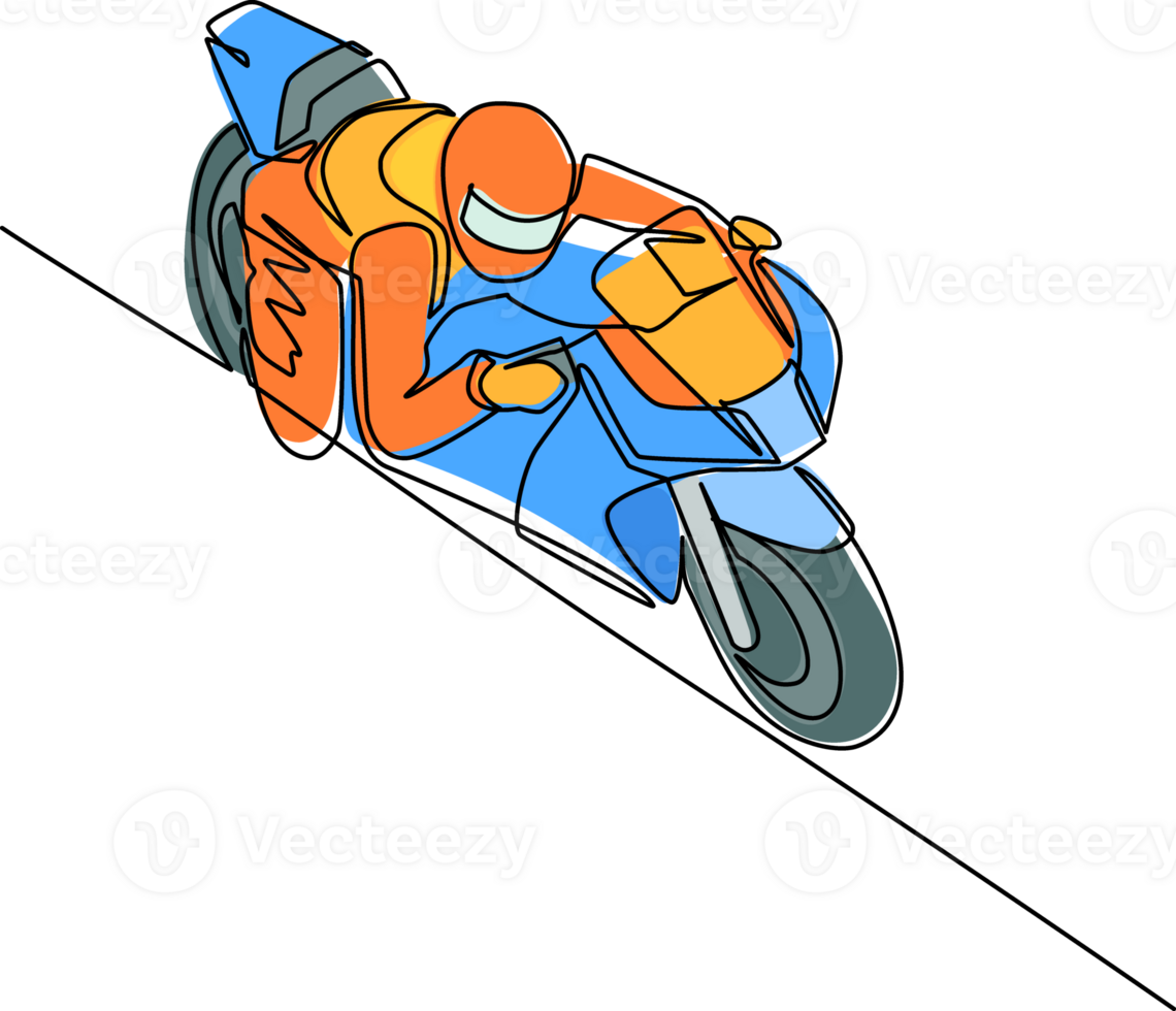 Single one line drawing biker wearing helmet, riding motorcycle in asphalt road. Young man in racer overalls and helmet sitting on sports bike. Continuous line draw design graphic illustration png