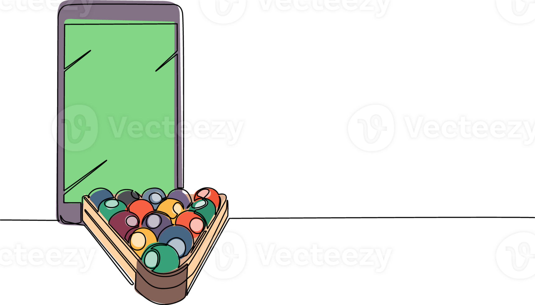 Single continuous line drawing smartphone and billiards balls in triangle. Snooker balls with numbers in wooden rack for pool room sport game, championship tournament. One line draw design png