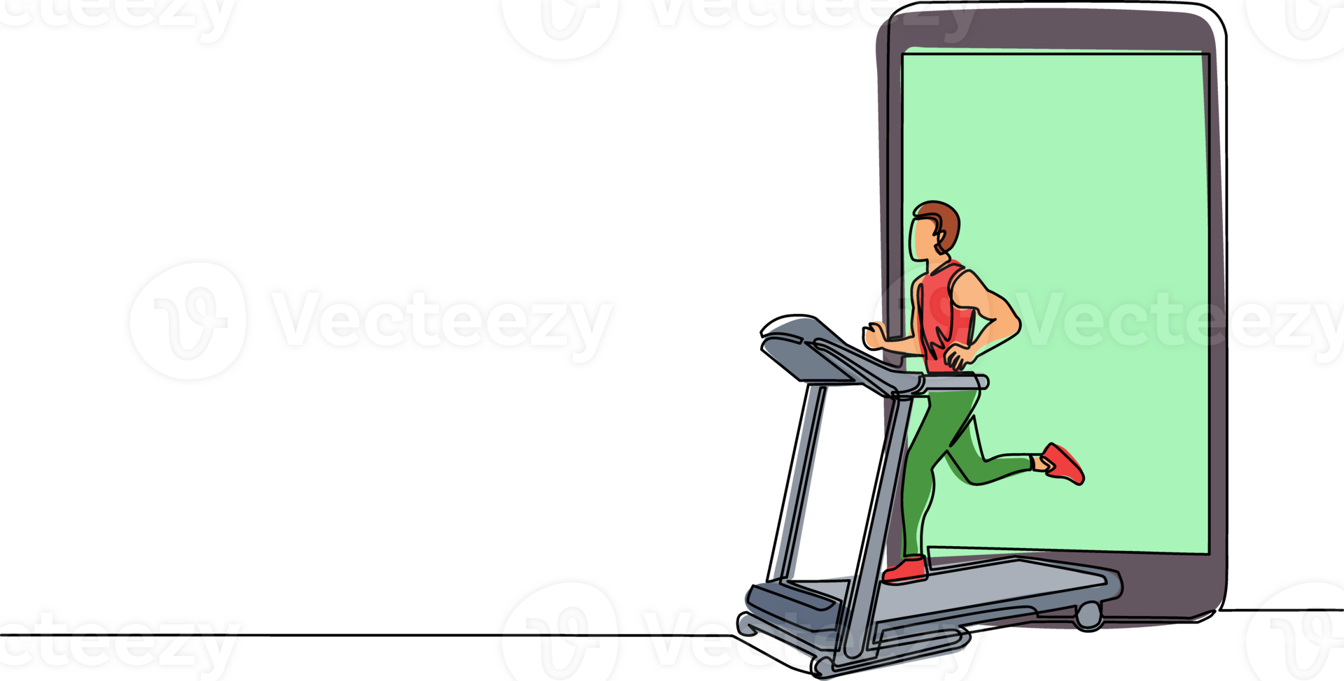Single one line drawing smartphone and man running on motorized treadmill. Sportive man on electric training machine. Fitness club, gym tool. Continuous line draw design graphic illustration png