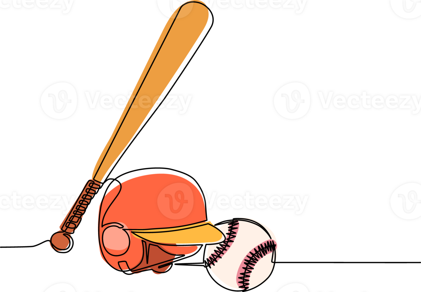 Continuous one line drawing baseball and softball label. Ball and helmet with wooden bat. Sporting symbol and mascot. Variety of baseball equipment, bat, ball, helmet. Single line draw design png