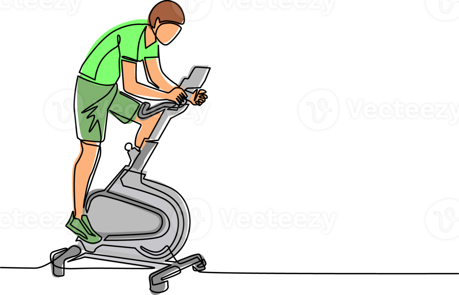 enda ett linje teckning man håller på med konditionsträning. stationär cykel. spinning träning. ung man håller på med rutin- övning på Hem använder sig av statisk cykel. modern kontinuerlig linje dra design grafisk illustration png