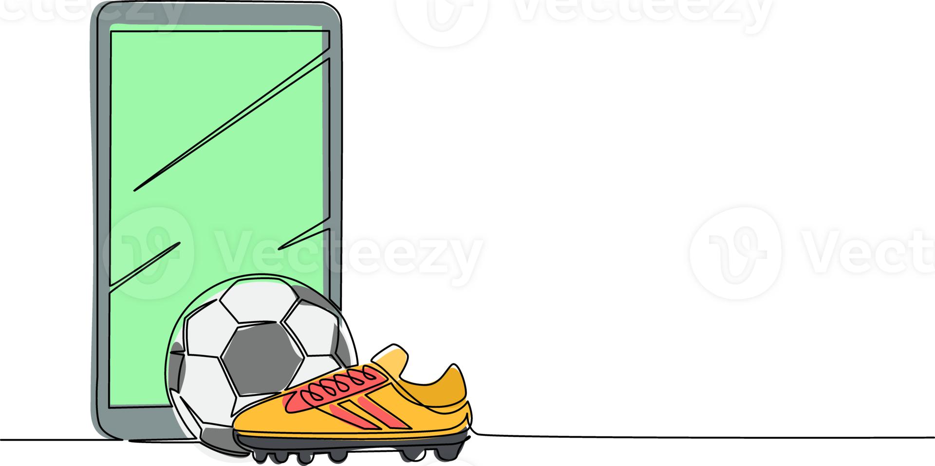 Single continuous line drawing smartphone and football shoes and soccer ball. Football icon. Soccer ball boots. Sport inventory. Online football games. Mobile applications. One line draw design png