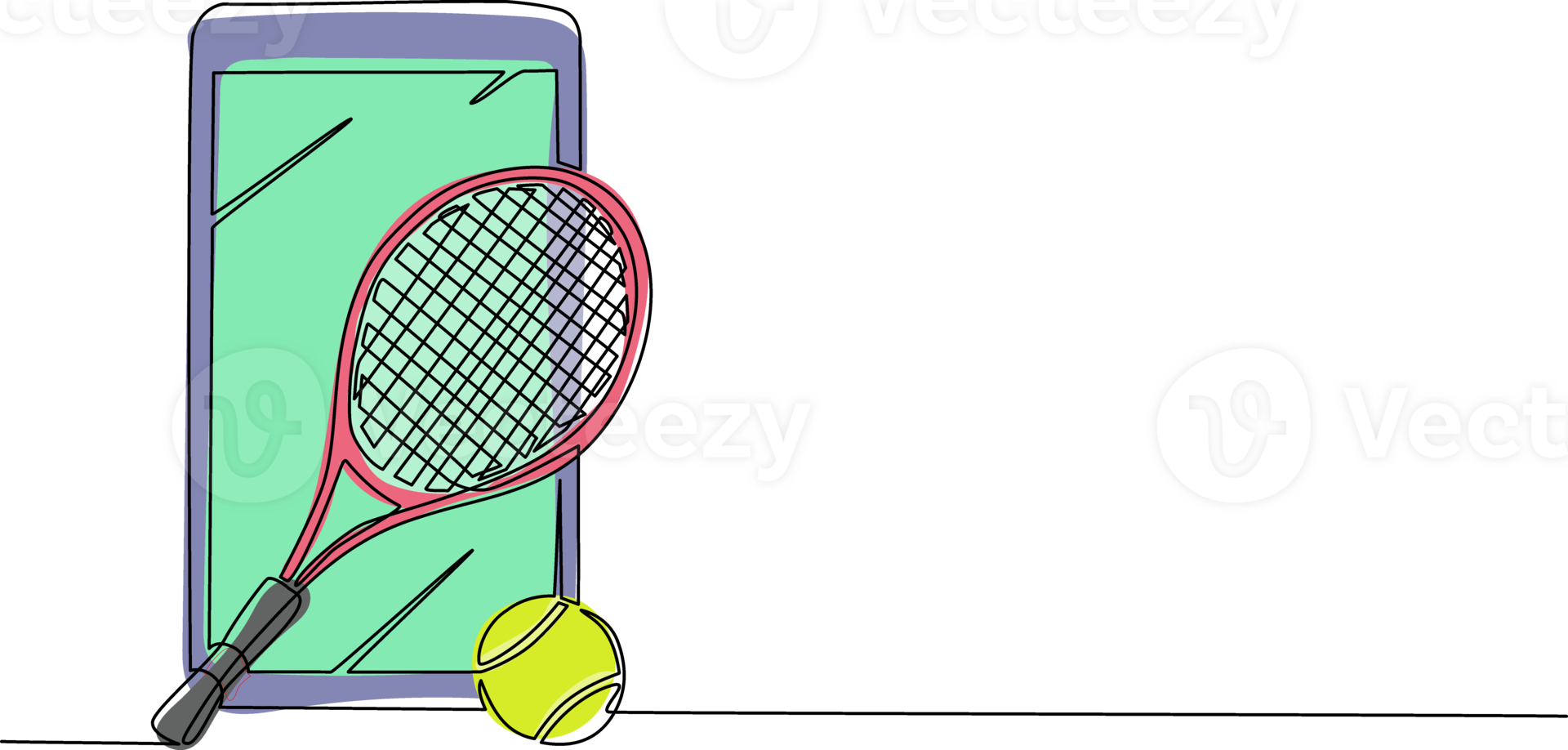 Single continuous line drawing smartphone and tennis racket and ball equipment for competition play game concept. Sport tennis tournament and championship posters. One line draw graphic design png