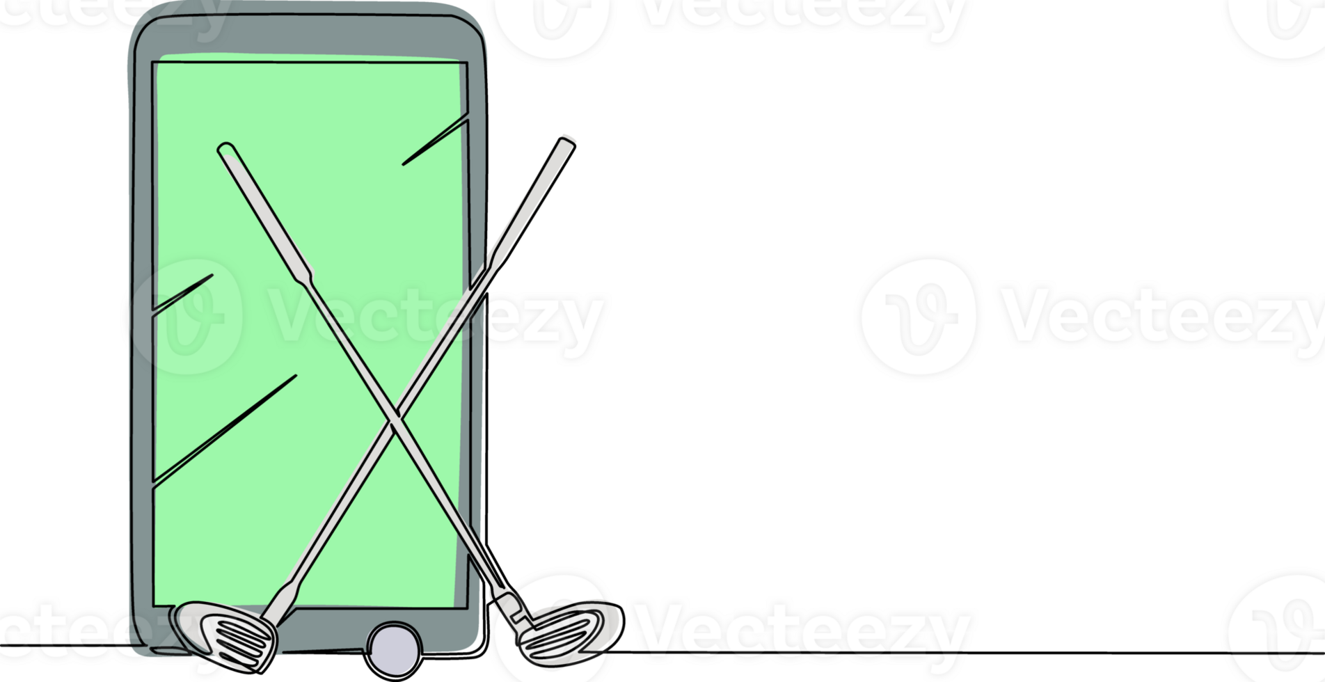 Single one line drawing two crossed golf clubs and ball with smartphone. Virtual golf games equipment logo icon in trendy flat style isolated on white background. Continuous line draw design png