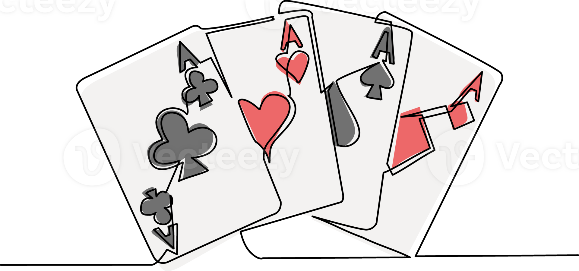 Single one line drawing set of four aces playing cards suits. Winning poker hand. Set of hearts, spades, clubs, diamonds ace. Card games. Modern continuous line draw design graphic illustration png