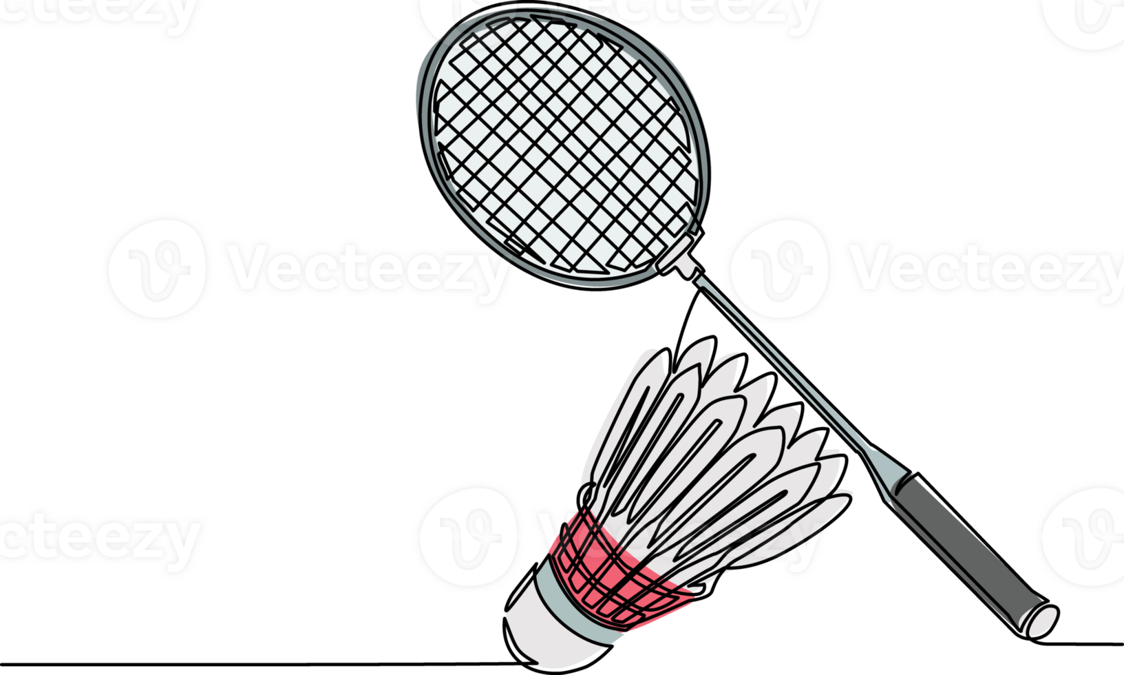 Continuous one line drawing badminton racket and white shuttlecock. Equipments for badminton game sport isolated on background in flat design. Racket and shuttlecock. Single line draw design png