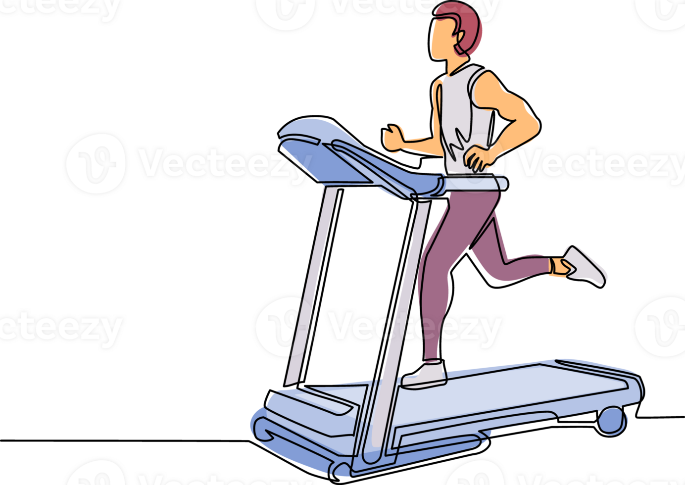 Single one line drawing man running on motorized treadmill. Sportive man on electric training machine cartoon character. Fitness club, gym tool. Continuous line draw design graphic illustration png