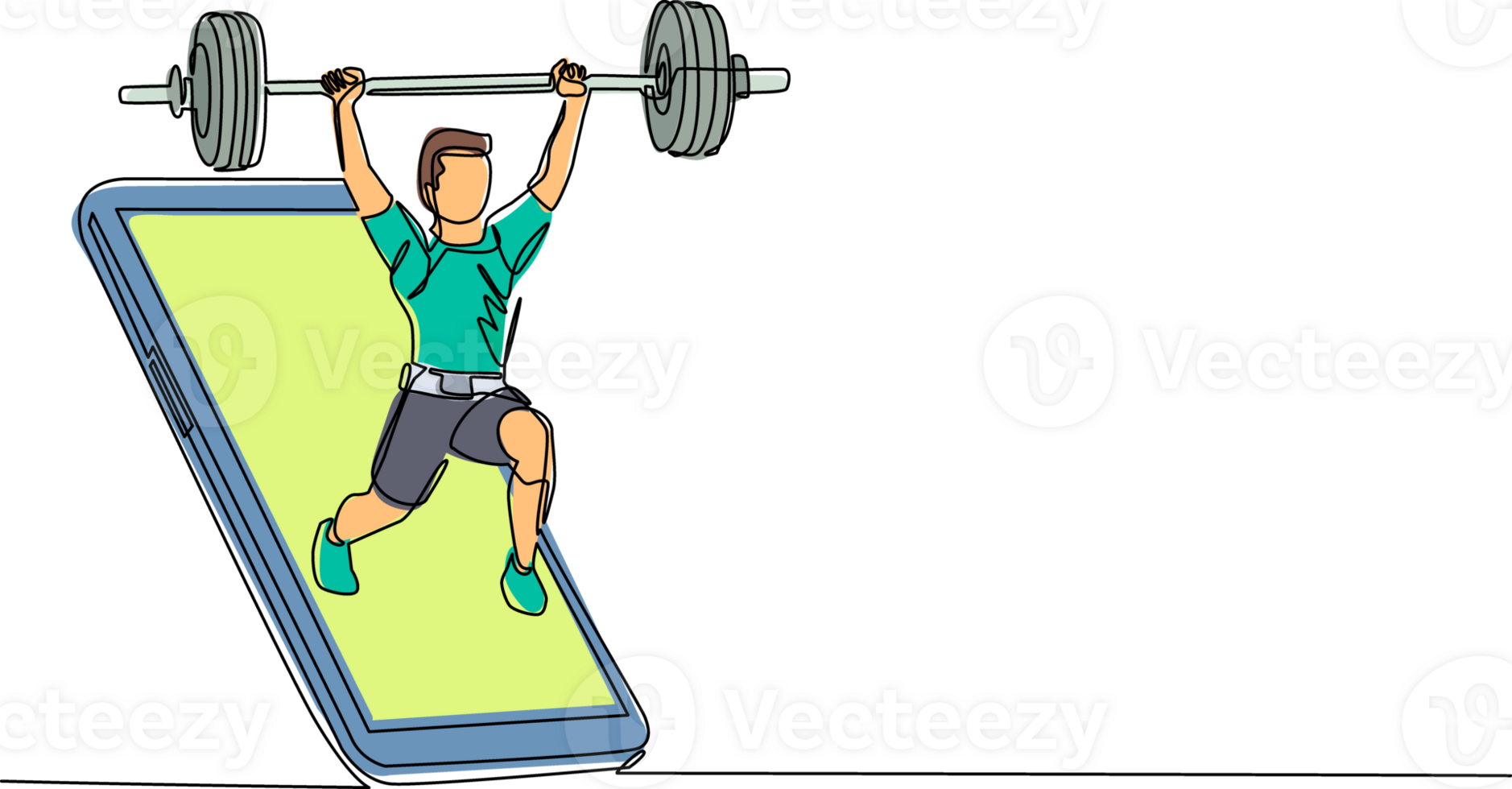 Single one line drawing bodybuilder man doing exercise with heavy weight bar getting out of smartphone screen. Online weight lifting mobile app. Continuous line draw design graphic illustration png