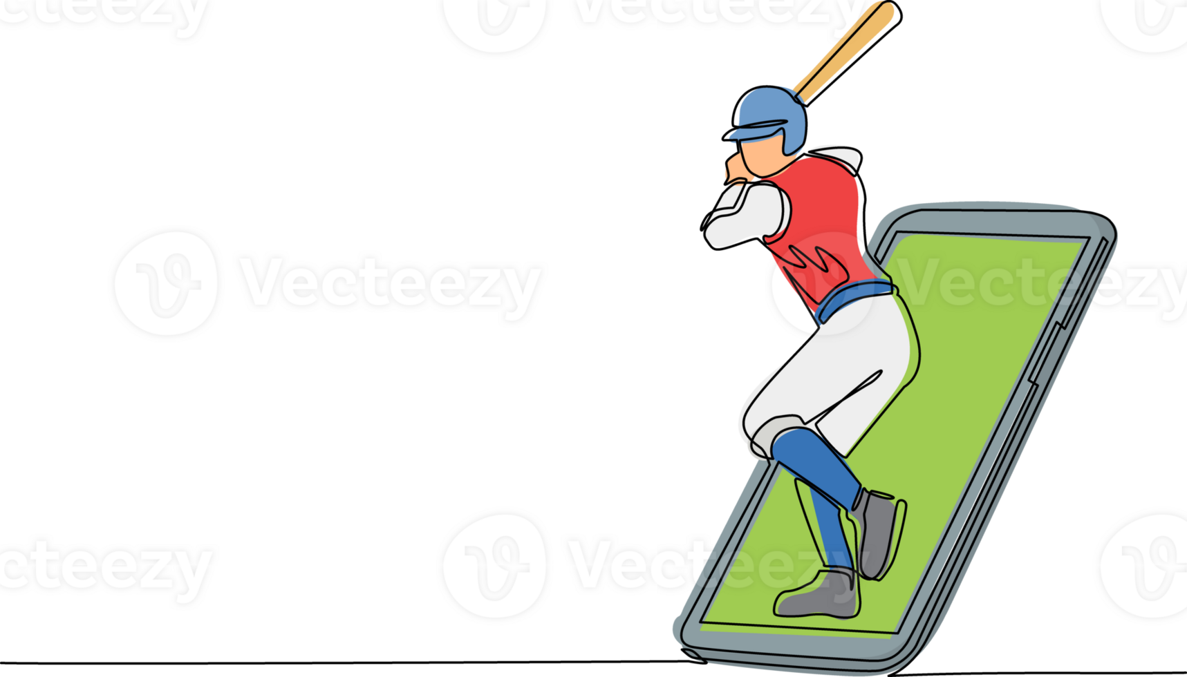 Continuous one line drawing man baseball player ready to hit the ball getting out of smartphone screen. Mobile sports play matches. Online baseball game mobile app. Single line draw design png