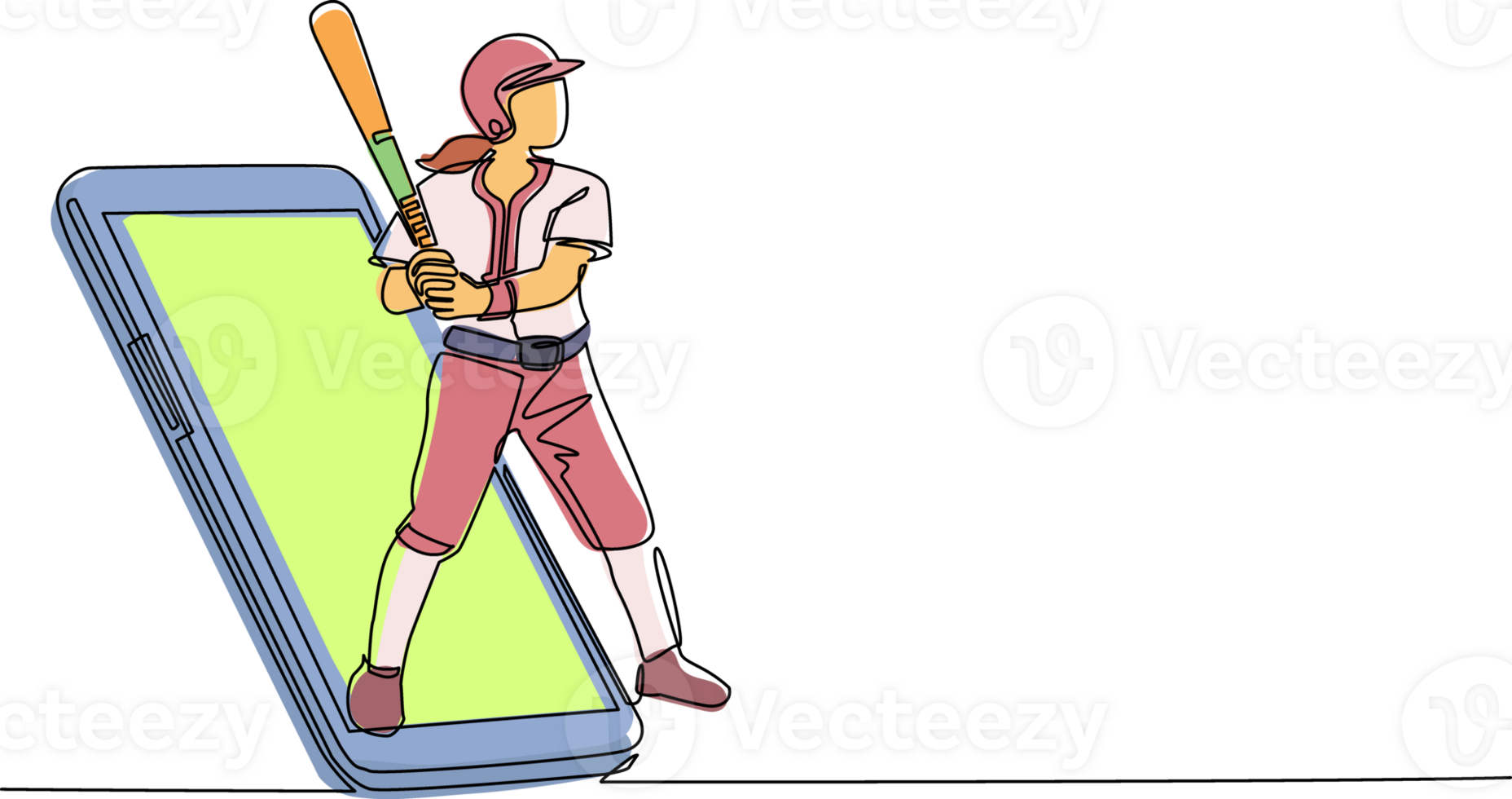 Continuous one line drawing woman baseball player ready to hit the ball getting out of smartphone screen. Mobile sports play matches. Online baseball game mobile app. Single line draw design png