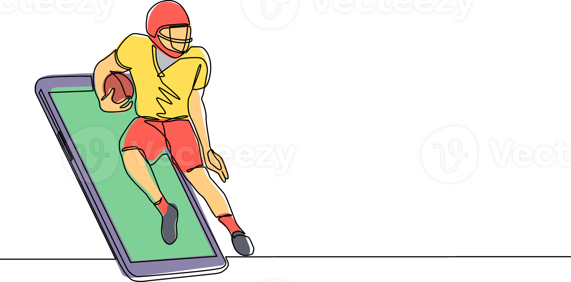 Single continuous line drawing american football player running getting out of smartphone screen. Mobile sports play matches. Online american football game mobile app. One line draw design png