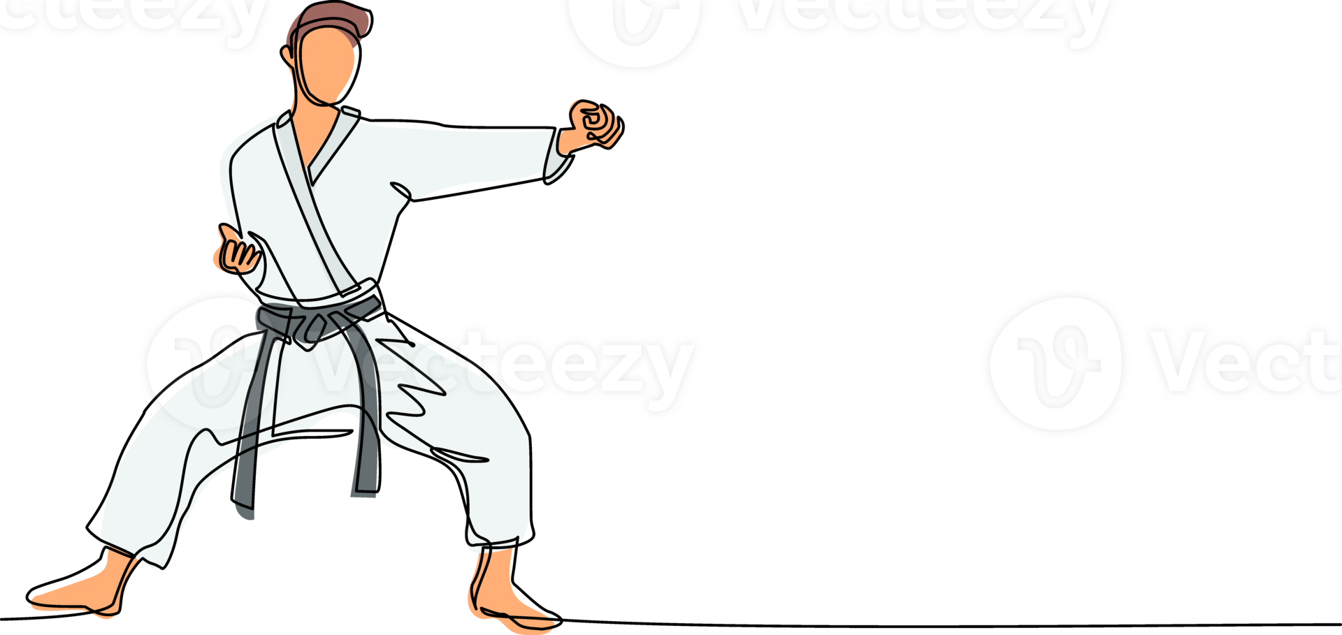 Single one line drawing young talented karateka man train with punch pose for duel fighting at dojo gym center. Mastering martial art sport concept. Modern continuous line draw design graphic png