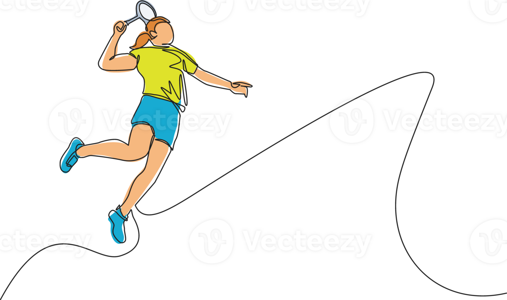 Single continuous line drawing young agile woman badminton player jump and smash shuttlecock. Badminton tournament event. Sport exercise healthy concept. One line draw design illustration png
