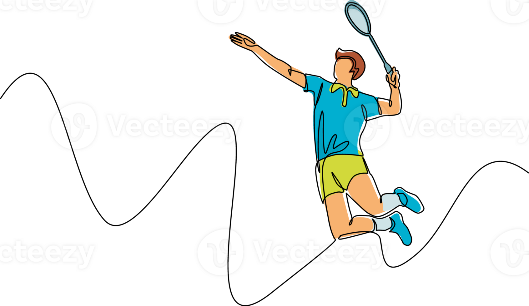 Single continuous line drawing young agile man badminton player jump and smash shuttlecock. Badminton tournament event. Sport exercise healthy concept. One line draw graphic design illustration png