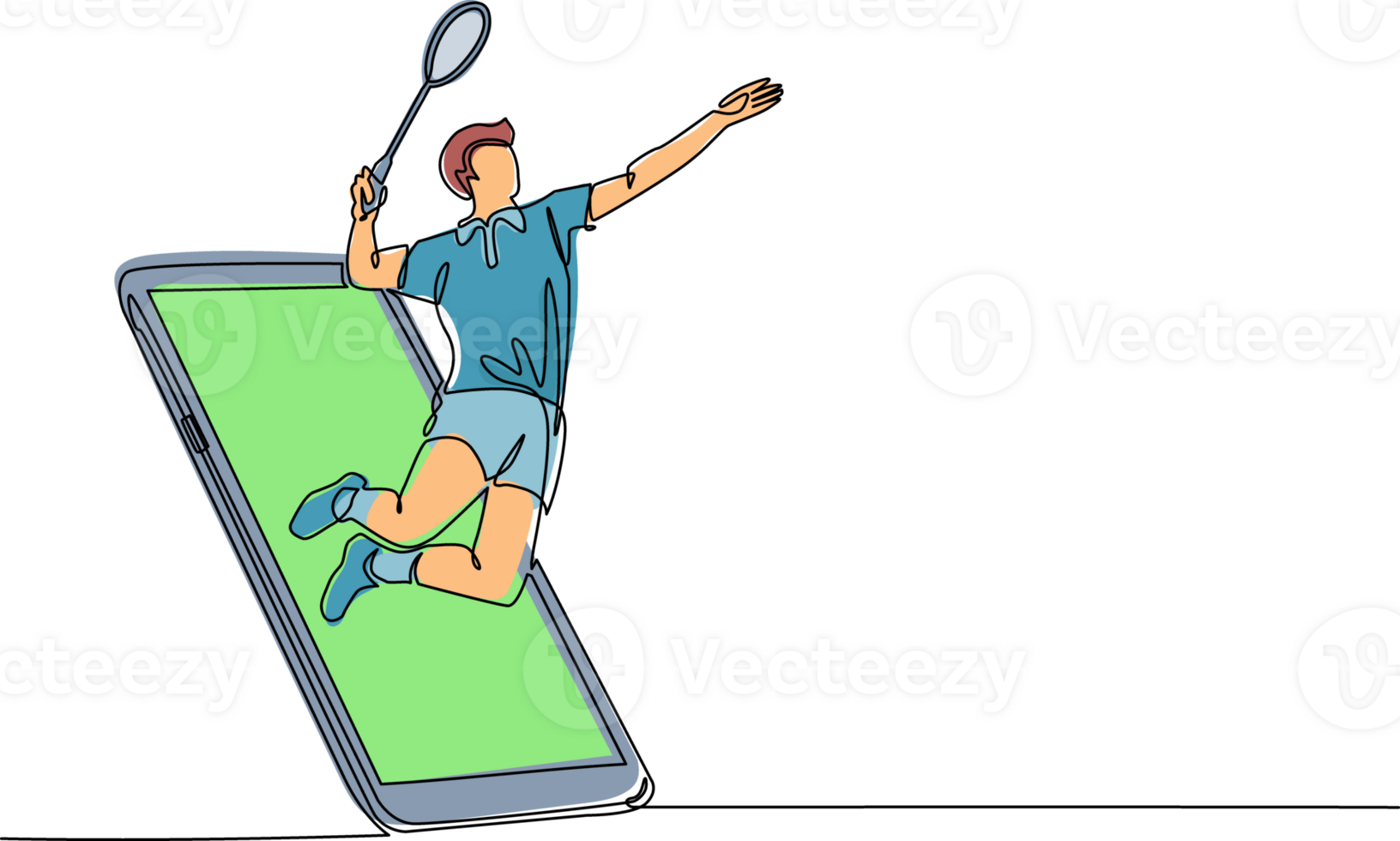 Single one line drawing man badminton player jump hit shuttlecock getting out of smartphone screen. Online badminton game with live mobile app. Continuous line draw design graphic illustration png