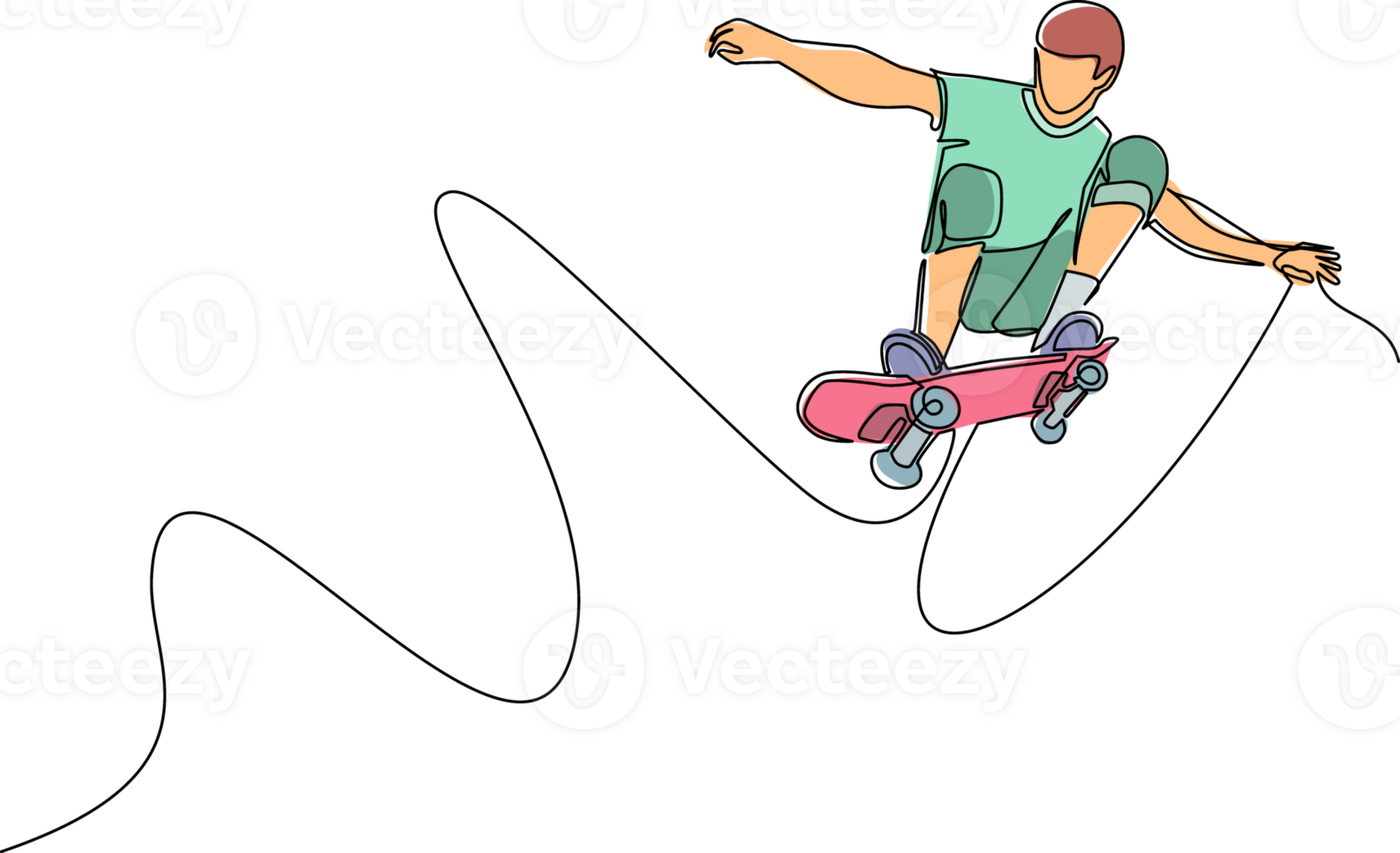 Single one line drawing young cool skateboarder man riding skateboard and doing a jump trick in skate park. Extreme teenager sport. Healthy sport lifestyle concept. Continuous line draw design png