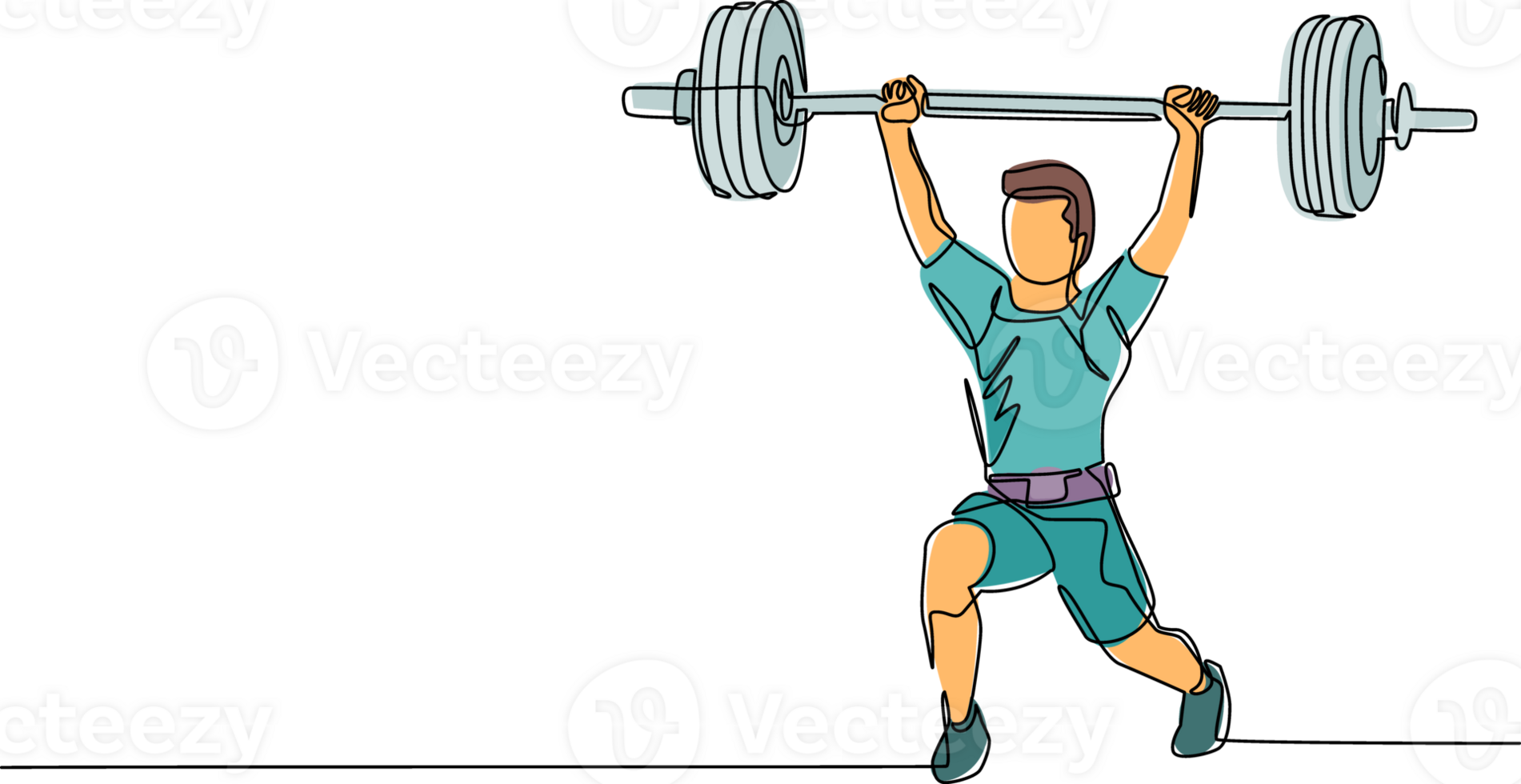 Continuous one line drawing young bodybuilder man doing exercise with a heavy weight bar in gym. Powerlifter train weightlifting. Healthy concept. Single line draw design graphic illustration png