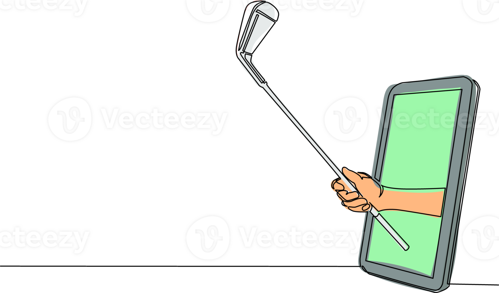 Single continuous line drawing golfer hand holds stick golf through mobile phone. Smartphone with golf games app. Mobile sports stream championship. One line draw graphic design illustration png
