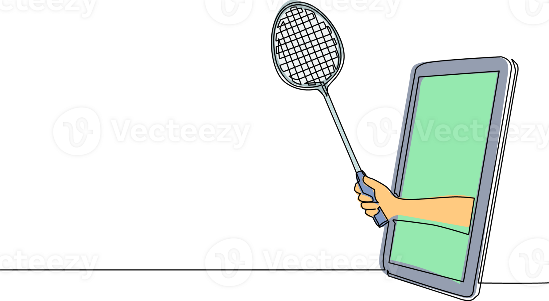 Single one line drawing player hand holds badminton racket through mobile phone. Smartphone with badminton games app. Mobile sports stream championship. Continuous line draw design graphic png