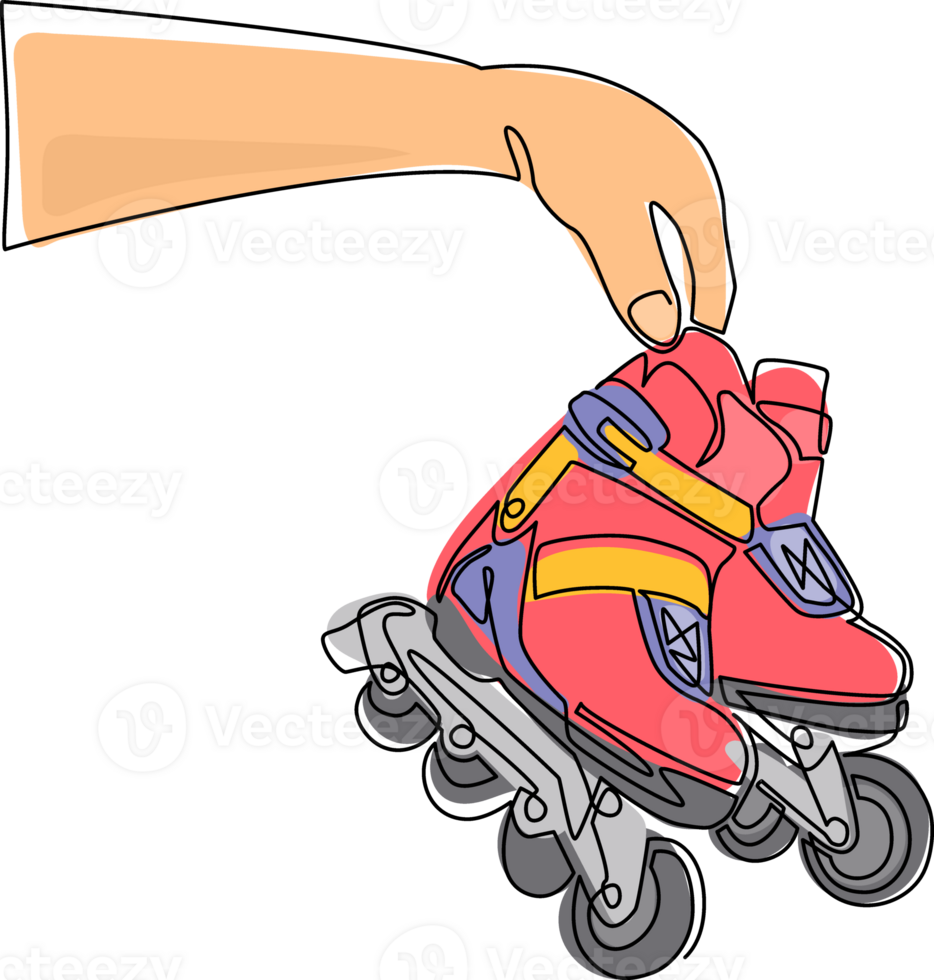 Single one line drawing player hand holds rollerblade. Man hand holding pair of old retro plastic inline skates shoes. Vintage classic extreme sport. Continuous line draw design illustration png