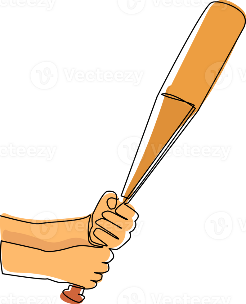 Single one line drawing player hand holding baseball bat. American outdoor sport game equipment. Realistic baseball bat. Sketch scratchboard imitation. Continuous line draw design illustration png
