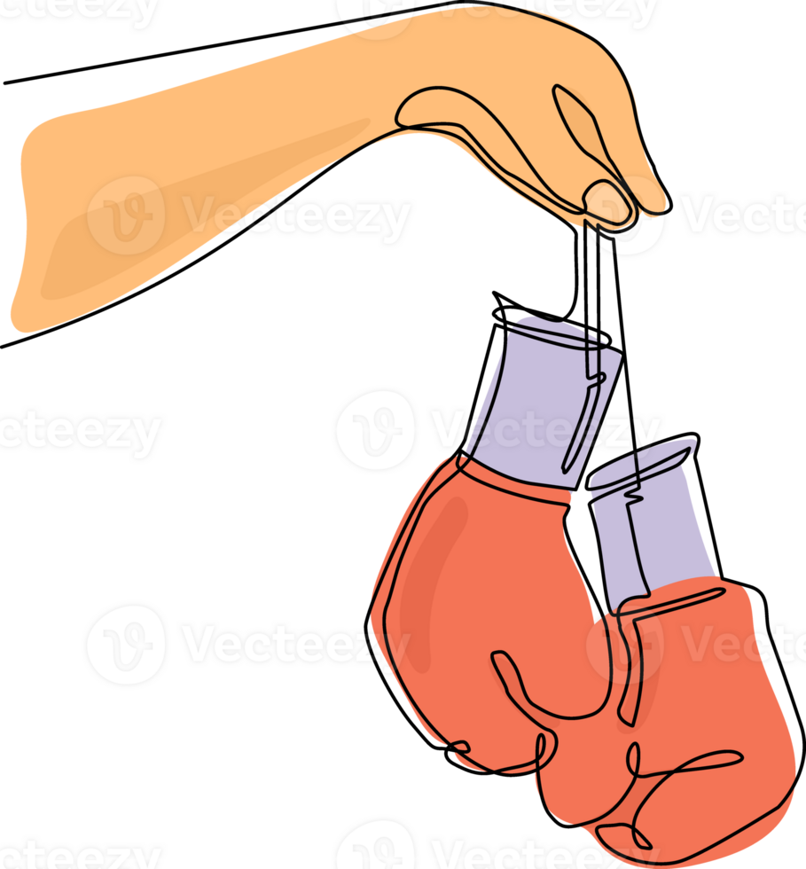 Single one line drawing boxer hand holds pair of boxing gloves. Man hand in sporty style holds red leather boxing gloves on white background. Continuous line draw design graphic illustration png