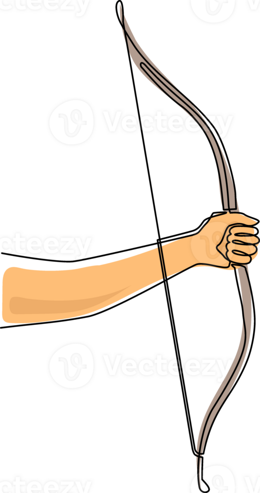 Single continuous line drawing hand holding wooden bow symbol. Traditional wooden bow archery sport. Archery equipment with arrow isolated. Dynamic one line draw graphic design illustration png