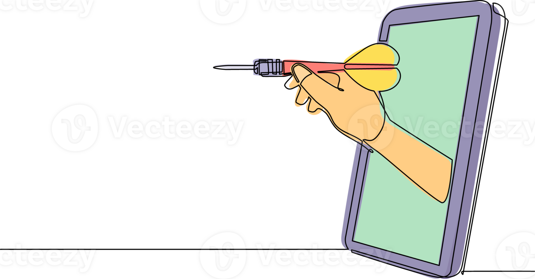 Continuous one line drawing player hand holds dart aiming through mobile phone. Smartphone with dart games app. Mobile sports stream championship. Single line draw design graphic illustration png