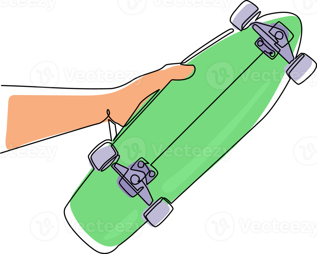 continuo uno linea disegno giovane fricchettone uomo mano detiene freddo longboard nel mano. sport attrezzatura nel parco strada. del Millennio avventura viaggio. pattinatore camminare con skateboard. singolo linea disegnare design png