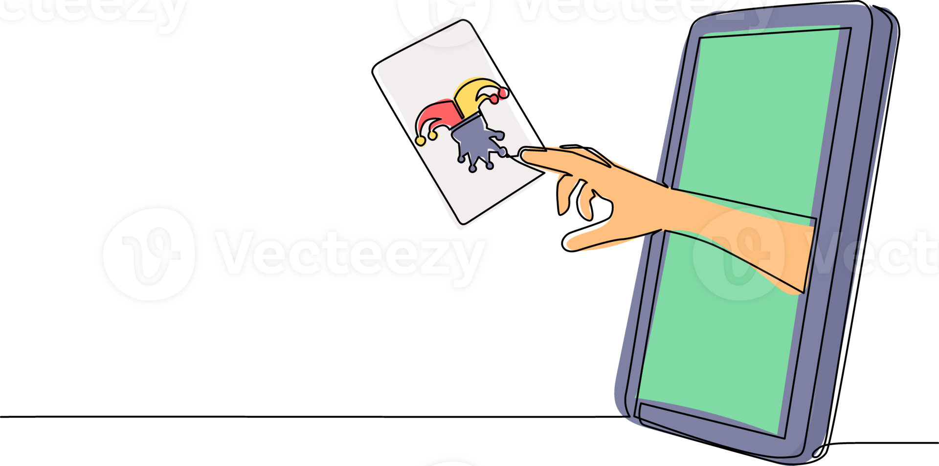 Single one line drawing player hand holds joker card through mobile phone. Smartphone with card games app. Mobile sports stream championship. Modern continuous line draw design illustration png