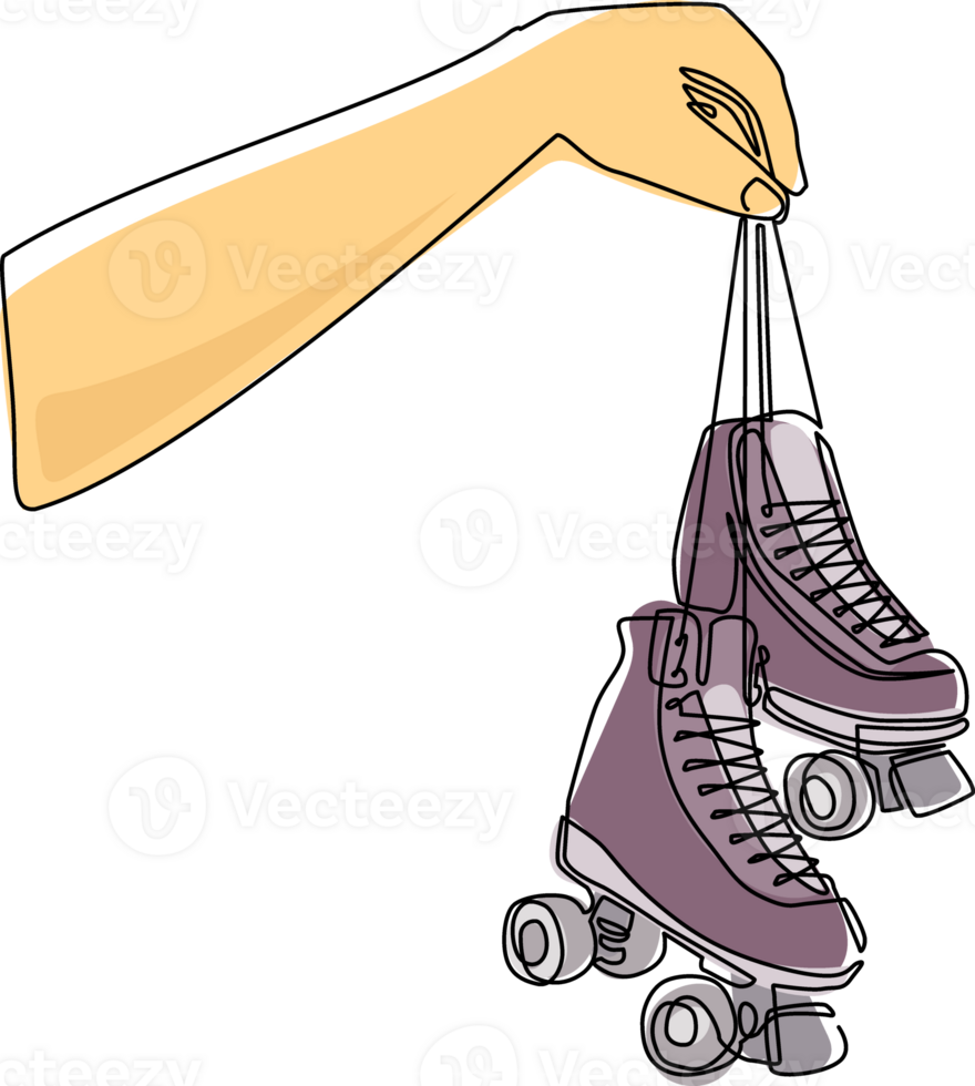 Single one line drawing player hand holds roller skate. Man hand holding pair of old retro plastic quad roller skate shoes. Vintage classic extreme sport. Continuous line draw design graphic png