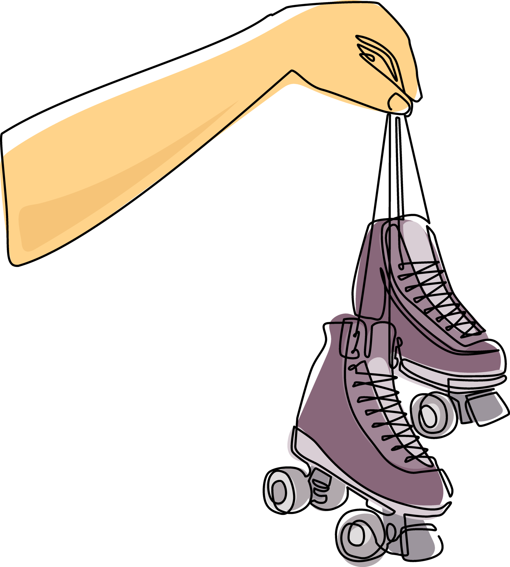 Single one line drawing player hand holds roller skate. Man hand