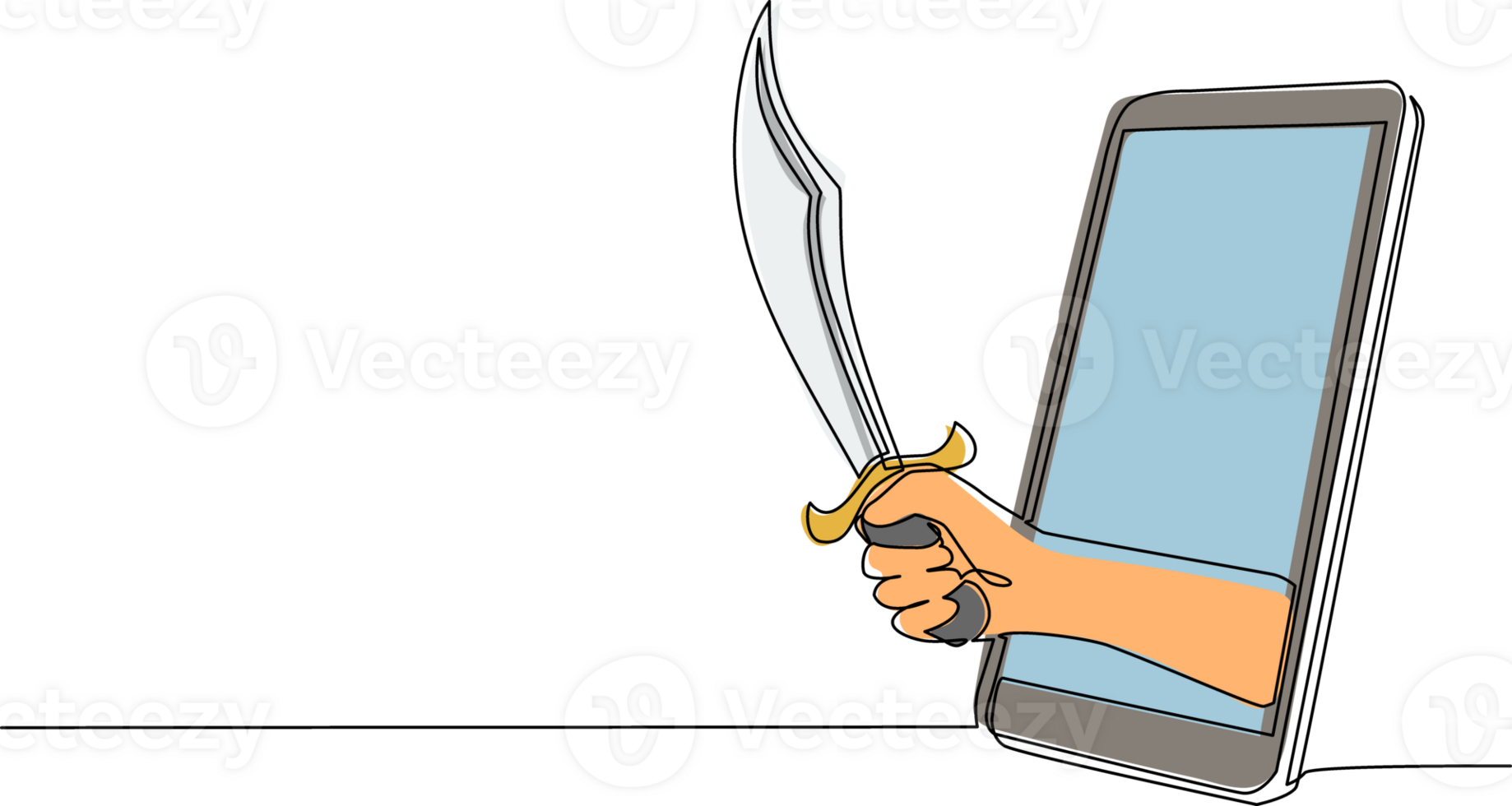 Single continuous line drawing hand hold machete through mobile phone. Concept of mobile games, e-sport, entertainment application for smartphones. One line draw graphic design illustration png