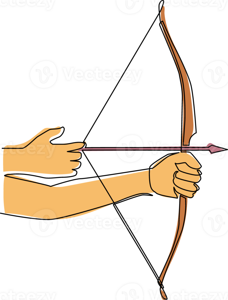 Continuous one line drawing hand holding bow arrow aiming ready to shooting target. Traditional wooden bow archery sport. Archery equipment with arrow isolated. Single line draw design graphic png