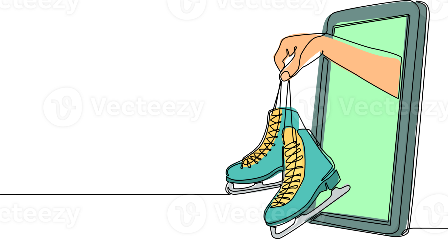 Continuous one line drawing player hand holds ice skates through mobile phone. Smartphone with ice skating games app. Mobile sports stream championship. Single line draw design illustration png