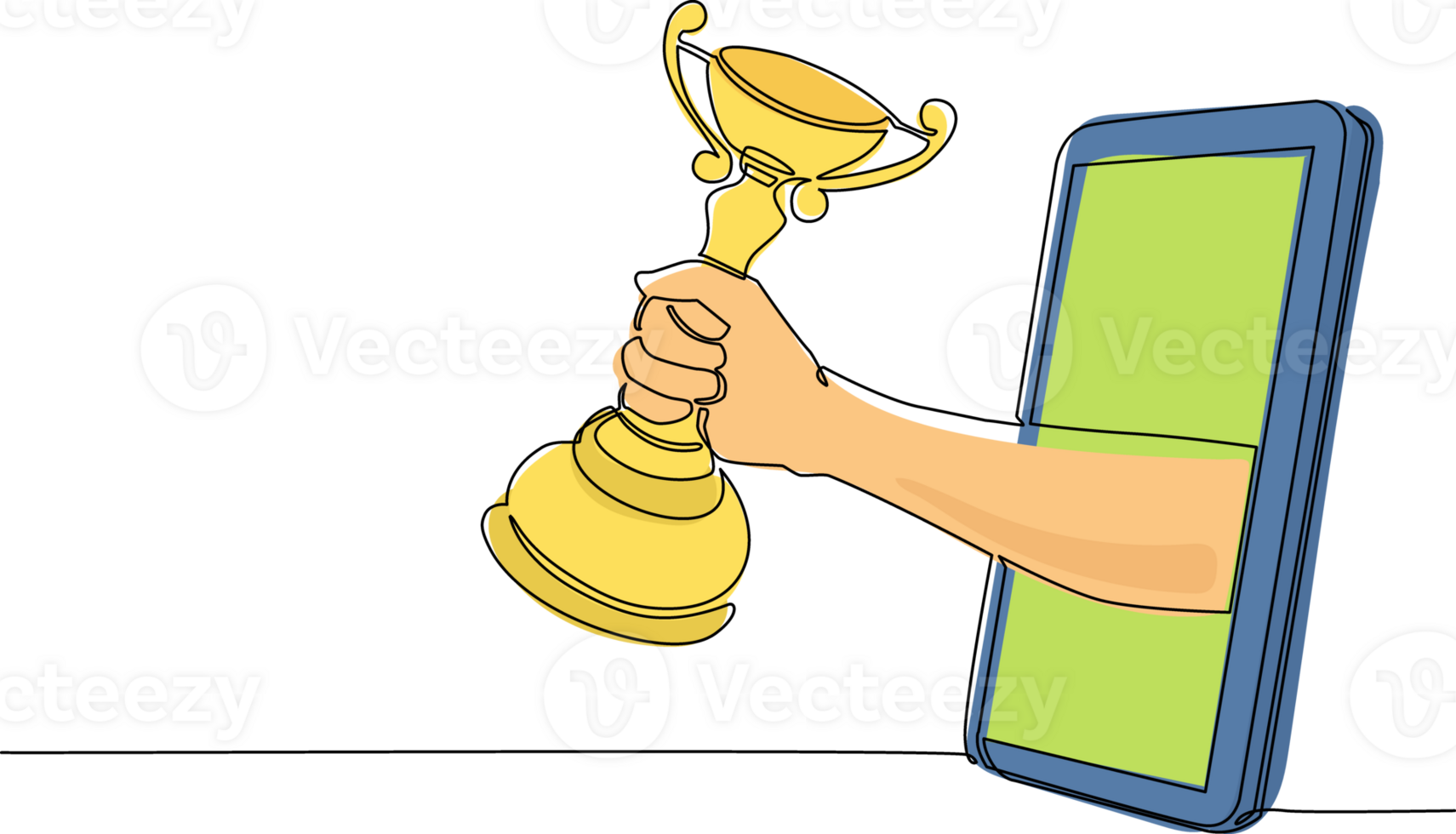 Continuous one line drawing player hand holds trophy through mobile phone. Smartphone with app sport games. Mobile sports stream championship. Single line draw design graphic illustration png
