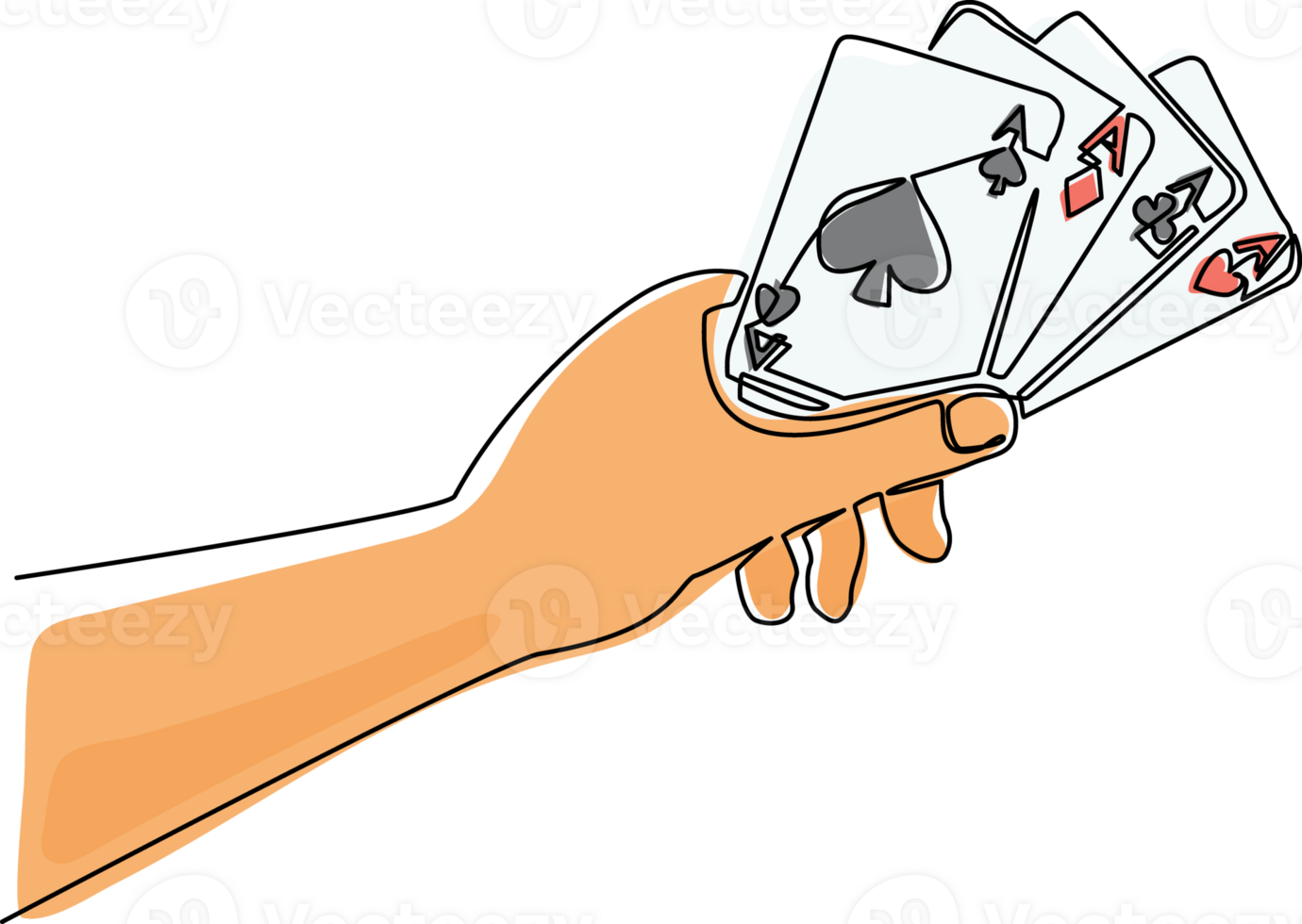 Single one line drawing hand holding four aces, poker playing card concept. Hand holds playing cards, spades, hearts, diamonds and clubs. Poker game symbol. Continuous line draw design graphic png