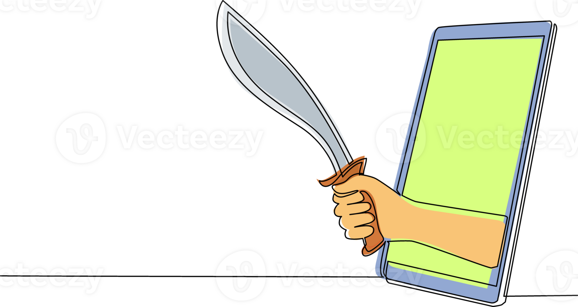 Continuous one line drawing hand hold machetes knife with curved blade through mobile phone. Concept of mobile games, e-sport, entertainment application for smartphones. Single line draw design png