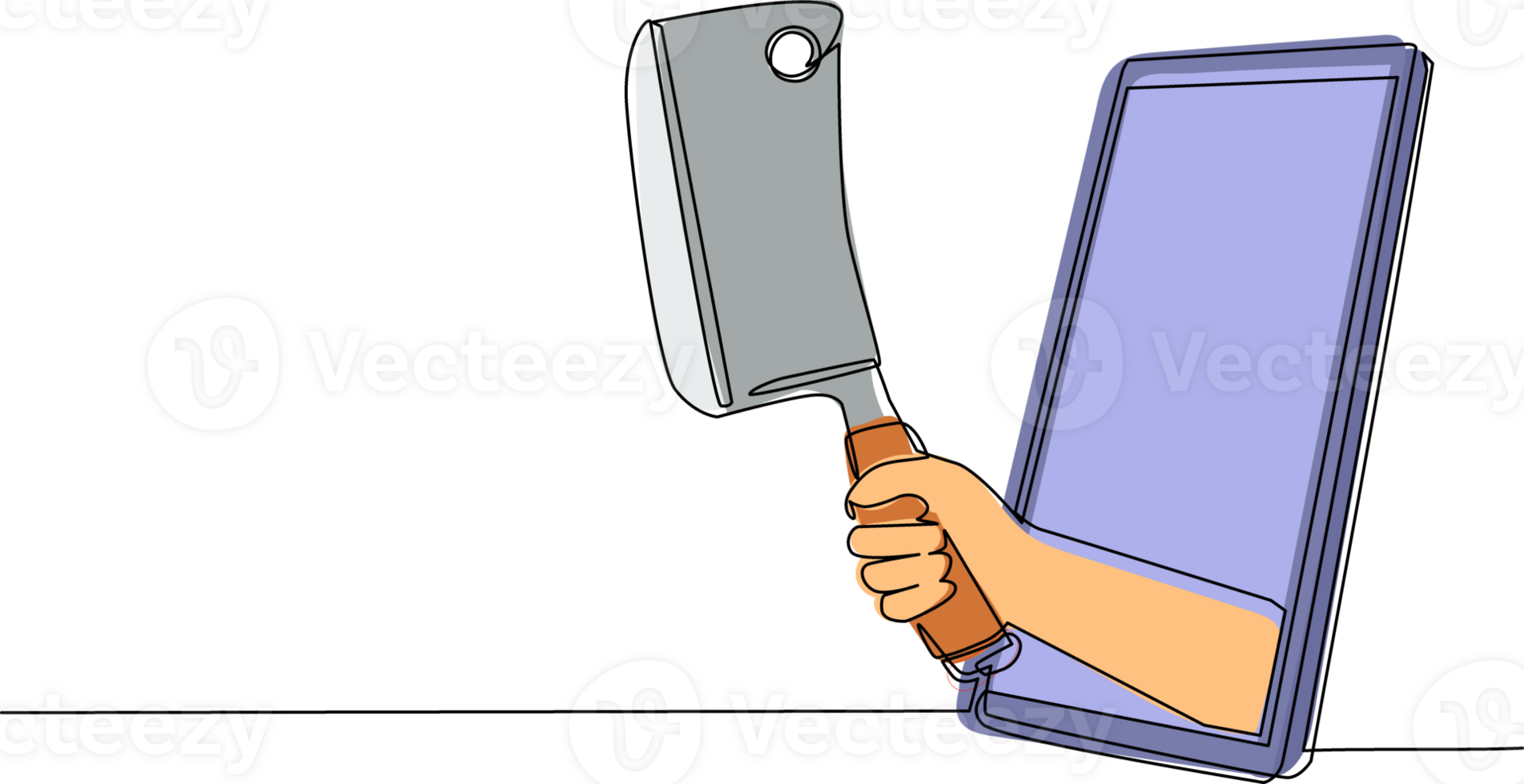 Single one line drawing hand hold meat kitchen cleaver, butcher knife through mobile phone. Mobile cooking games, entertainment app for smartphones. Continuous line draw design illustration png