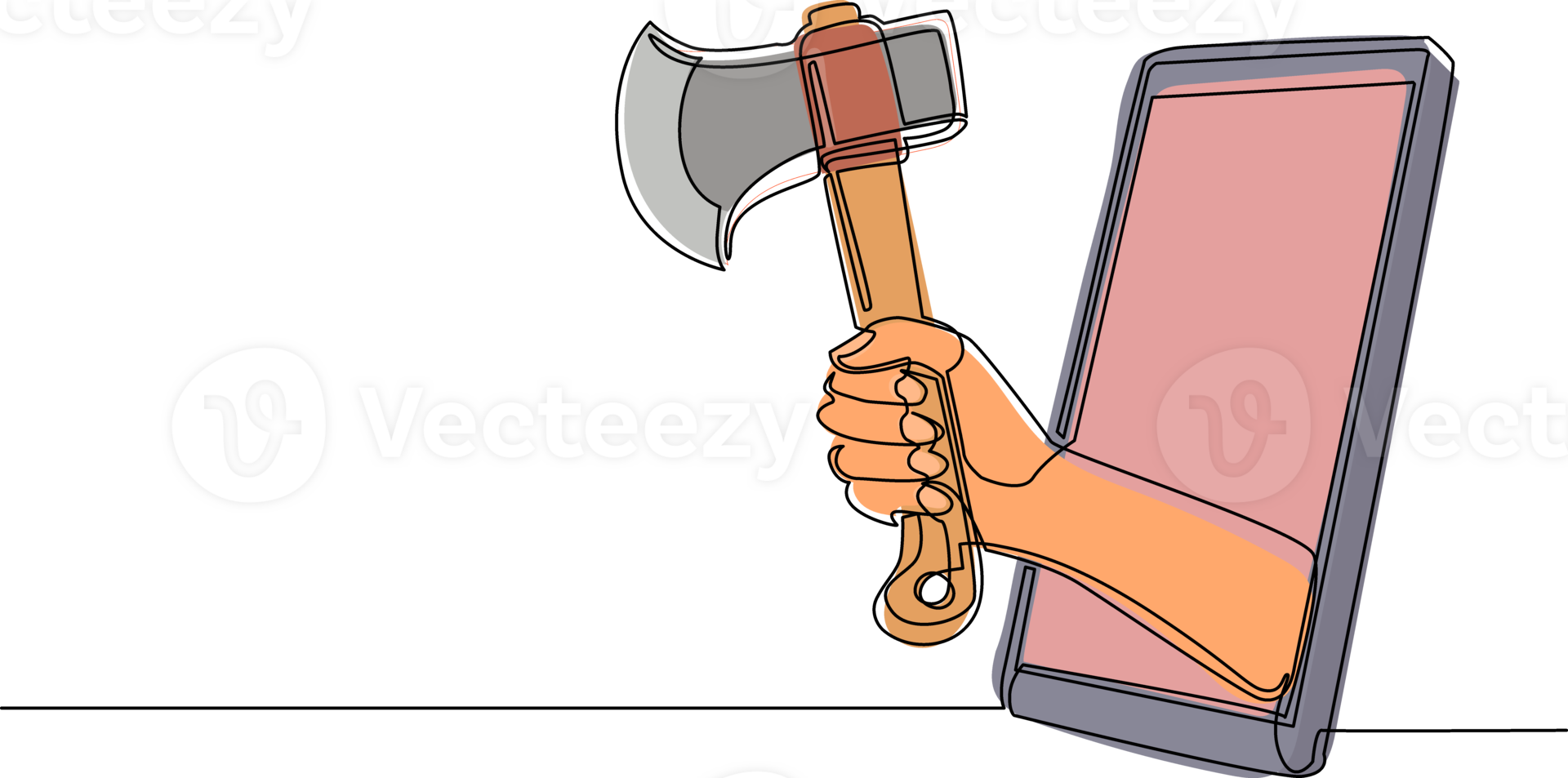 Single continuous line drawing hand holding wooden axes through mobile phone. Concept of mobile lumberjack games, entertainment application for smartphones. Dynamic one line draw graphic design png