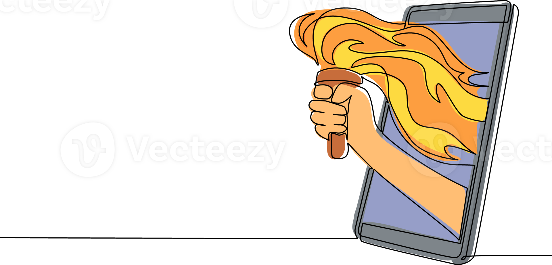 Single one line drawing hand holding torch through mobile phone. Concept of mobile games, e-sport, entertainment application for smartphones. Continuous line draw design graphic illustration png