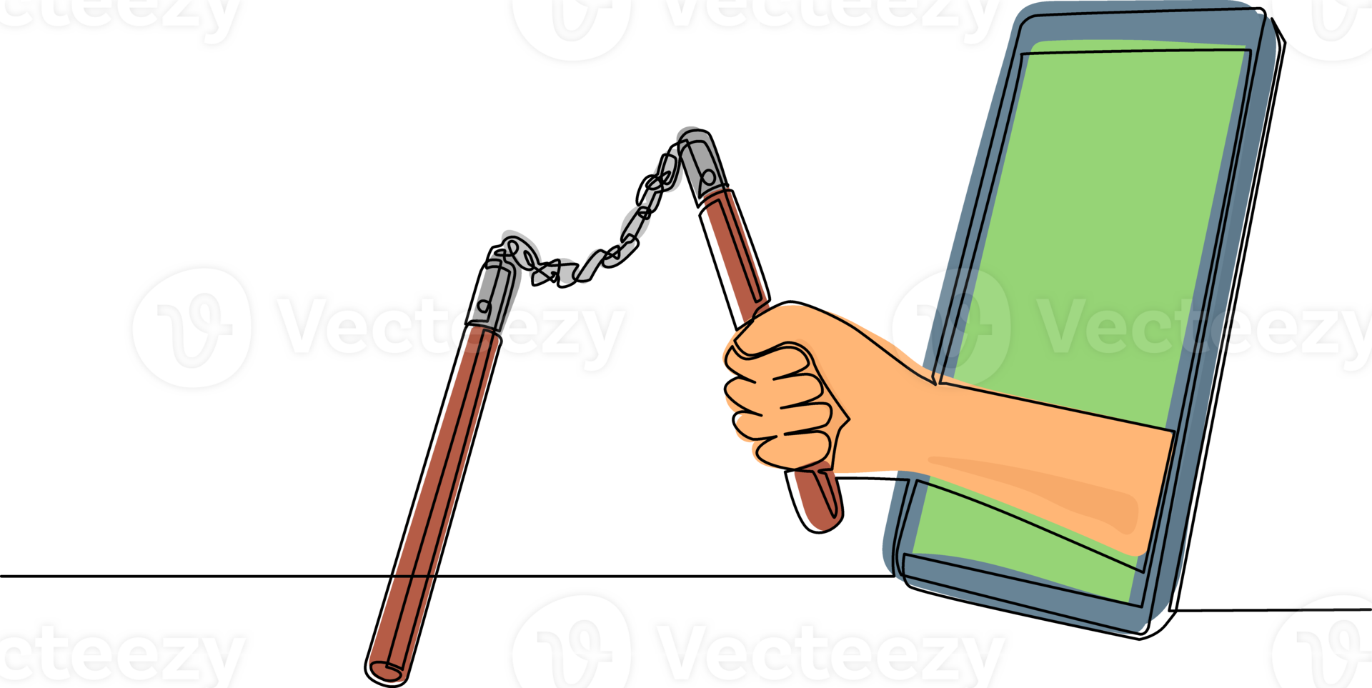 Single one line drawing hand holding nunchaku through mobile phone. Concept of video games, e-sport, entertainment application for smartphones. Modern continuous line draw design illustration png