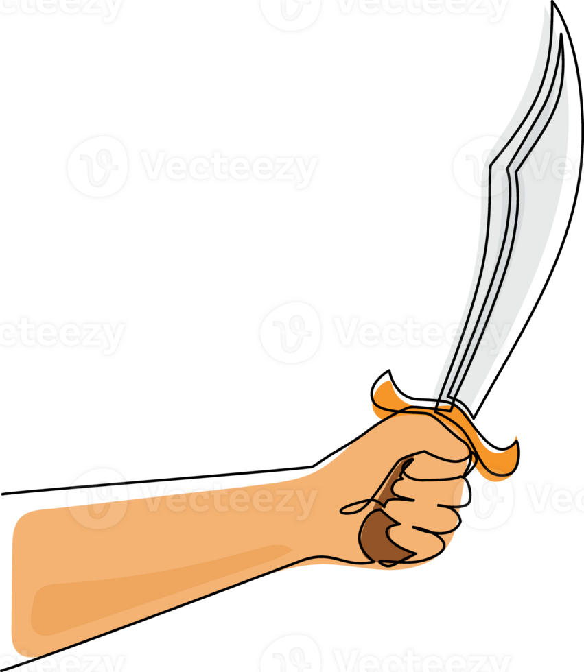 Single continuous line drawing man hand hold machete. Hatchet knife with long steel blade. Hand tool for cutting branches and wood known as machete. One line draw graphic design illustration png