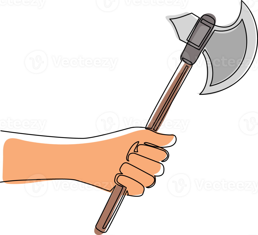 Continuous one line drawing hand holding battle axe with handle. Broad axe, executioner axe, medieval axe. Fighter classes weapon animation, video games. Single line draw design illustration png