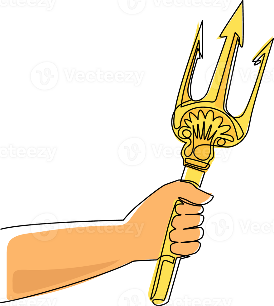 enda ett linje teckning hand innehav treudd. tredelad spjut, vapen av poseidon, neptunus. tridents ikon platt stil isolerat på vit bakgrund. kontinuerlig linje dra design illustration png