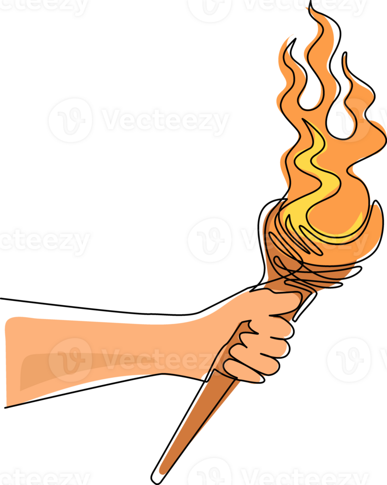 Single one line drawing hand holding torch on stick. Primitive weapon. Burning club. Old primitive tool or item for lighting. Fire and branch. Continuous line draw design graphic illustration png