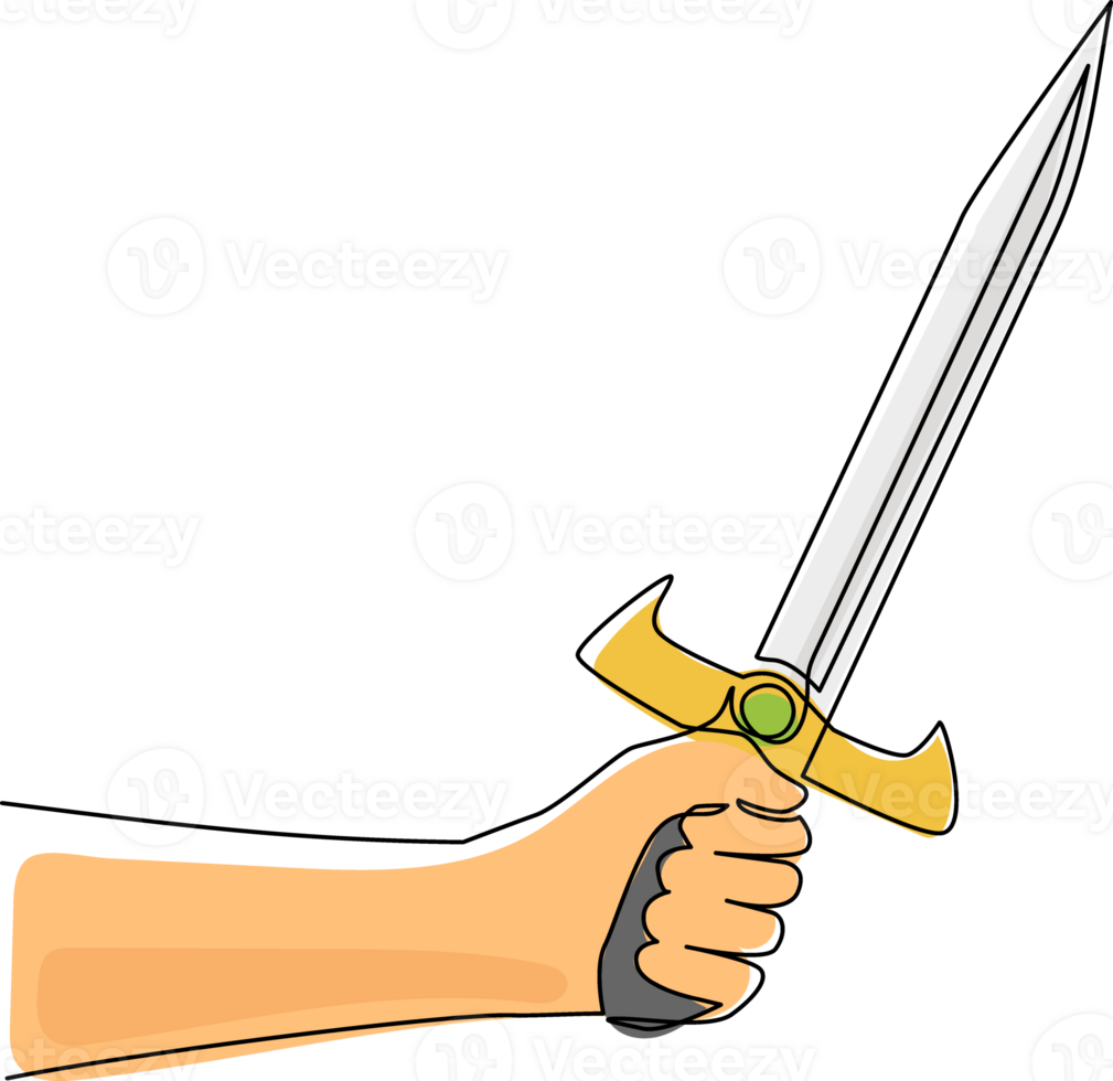 Single continuous line drawing man hand hold sword warrior. Hand of warrior with sword. Design of warriors hand holding medieval sharp sword. Dynamic one line draw graphic design illustration png